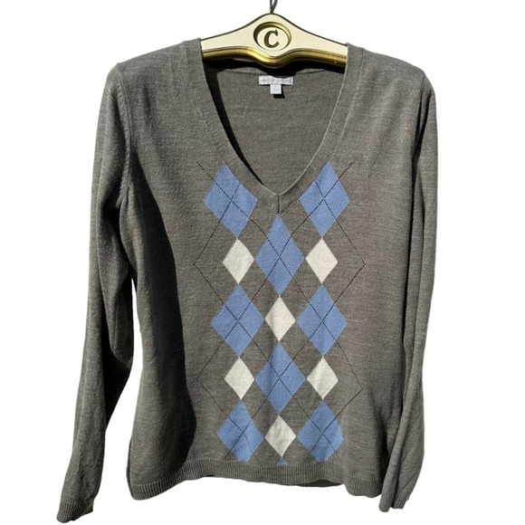 New York & Co - grey argyle deep v-neck sweater, sizeXL - Picture 1 of 9